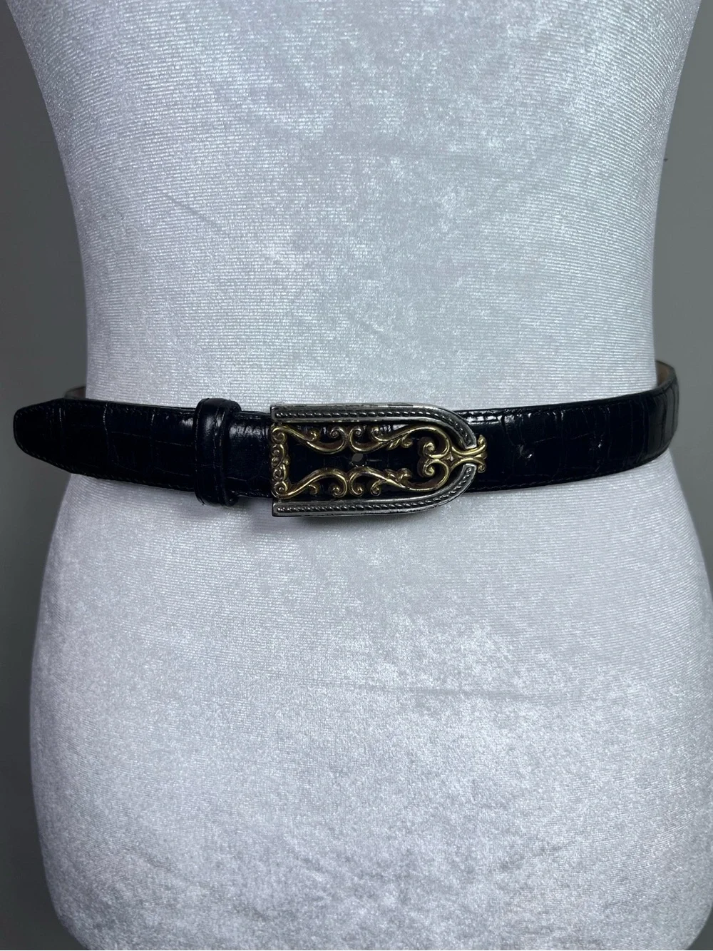 Brighton Women’s Black Croc Mixed Metals Silver & Gold Filagree Buckle Belt